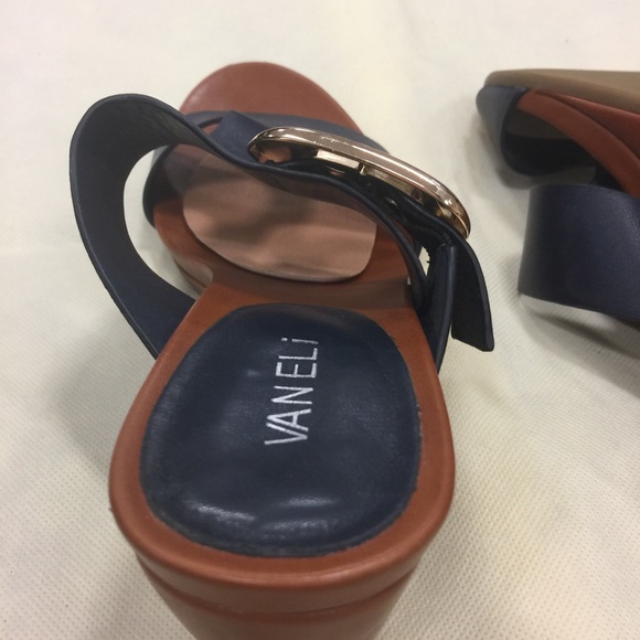 Navy with gold buckle wedge sandals - Picture 7 of 8